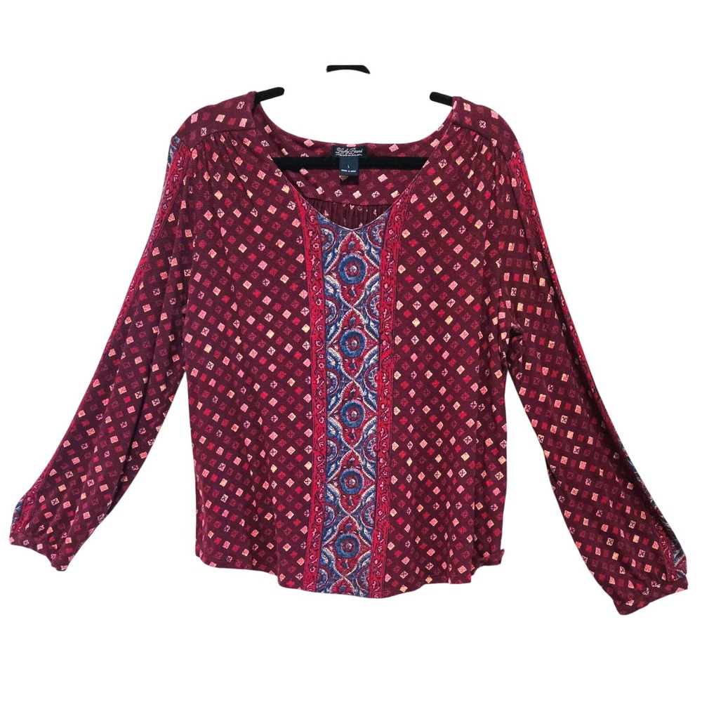 Lucky Brand, Boho Medallion Print, Long Sleeve‎ Blouse, Burgundy, Sz Large